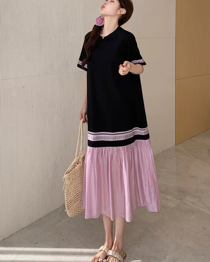 NYFS 2025 Summer Dress Loose plus Size Black Patchwork Pink Hem Long Dresses Robe Elbise Short Sleeve Korean Style Woman Dress