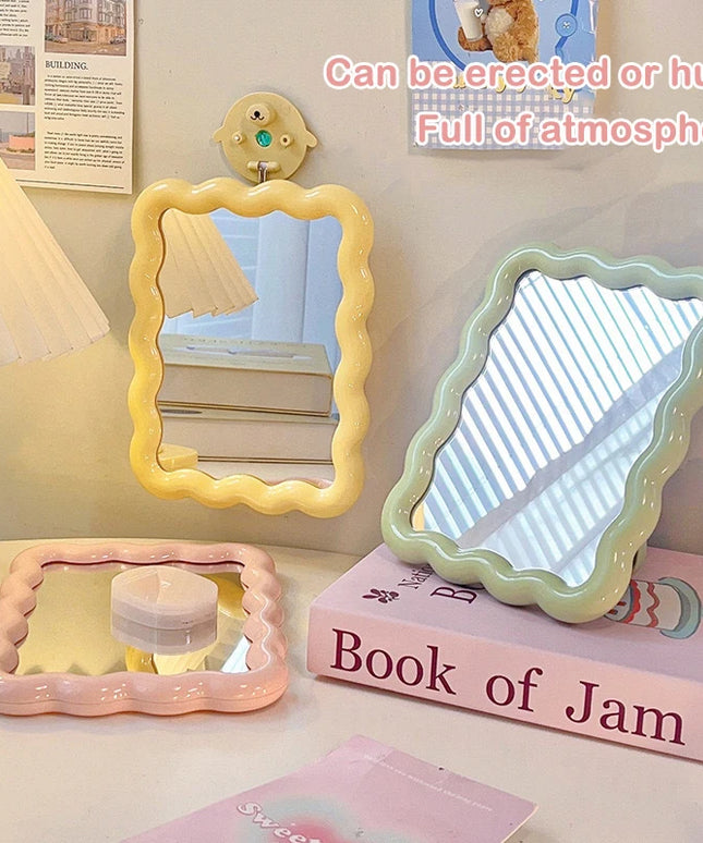 Corrugated Desktop Makeup Mirror Solid Color Simple Portable Handheld Makeup Mirror Foldable Student Compact Cute Mirror