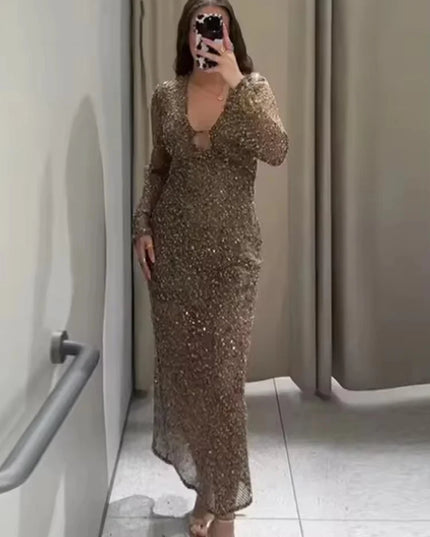 Sexy Sequined Long Pleated Dress Women Deep V-neck Full Sleeve See Through Dresses 2025 Summer Lady Party Evening Dresses ﻿