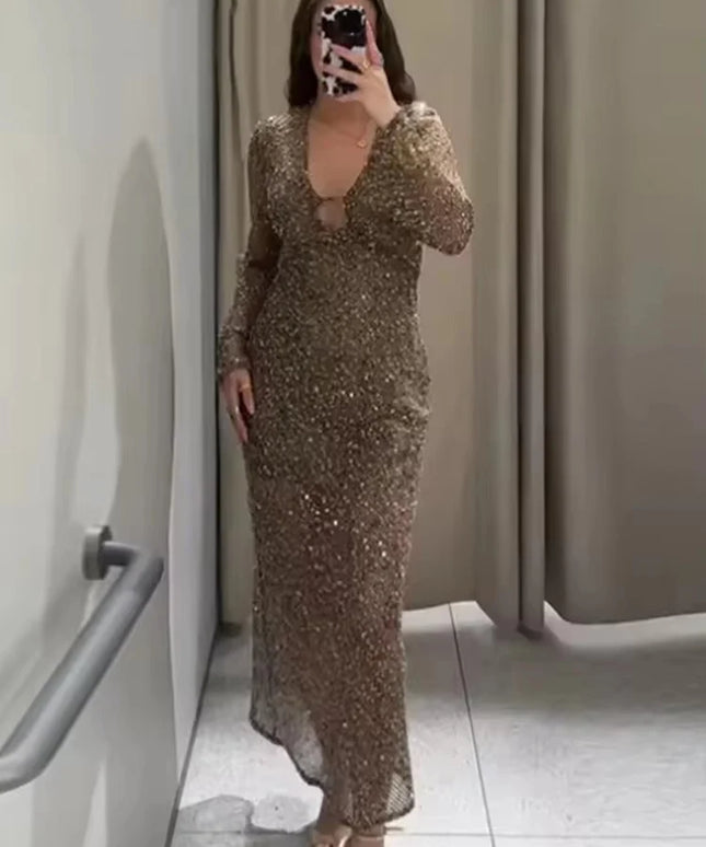 Sexy Sequined Long Pleated Dress Women Deep V-neck Full Sleeve See Through Dresses 2025 Summer Lady Party Evening Dresses ﻿