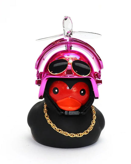 Cool Black Rubber Duck Toy Bike Car Ornaments Dashboard Decorations Squeeze Duck Bicycle Horns with Propeller Helmet for Kids