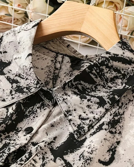 Women's Plus Size 1XL-5XL Marble Print Long Sleeve Button Up Lapel Collar Tunic Shirt Top  Elegant and Flattering Fit