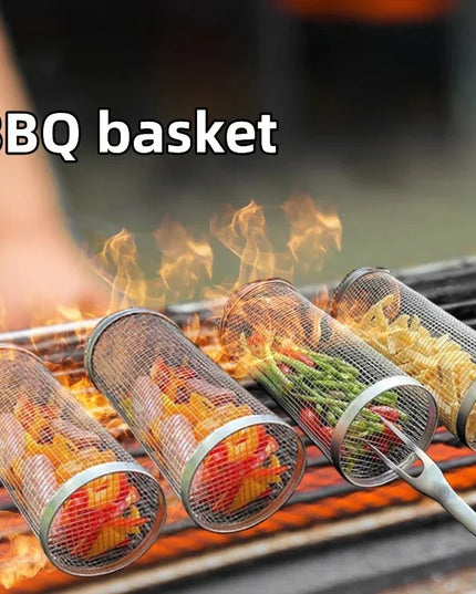 Rolling Bbq Basket- Greatest Grilling Basket Ever, Round Stainless Steel Grill Mesh, Camping Barbecue Rack For Vegetables,Fish