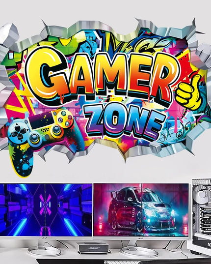 Larger Game Poster 3D Wall Hole Art Cool Gamer Zone Gamepad Vinyl Mural Stickers Home Decoration for Kids Bedroom Gaming Rooms