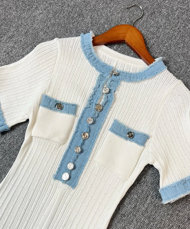 YuooMuoo Brand Fashion Women Dress 2025 Spring Summer Vintage Denim Patchwork O-neck Knitted Maxi Dress Office Lady Vestidos