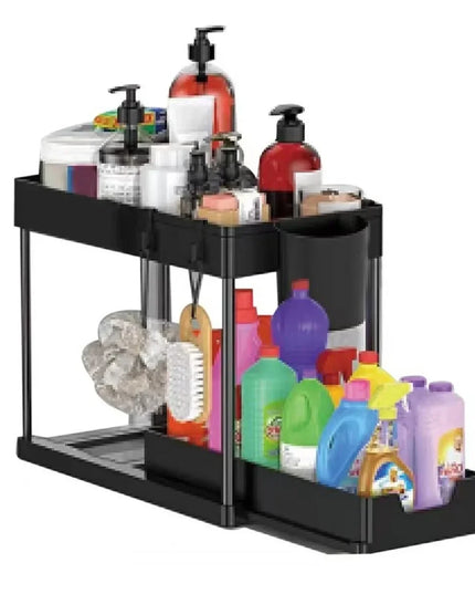 2 Tier Under Sink Organizer Sliding Cabinet Basket Organizer Storage Rack with Hooks Hanging Cup Bathroom Kitchen Organizer