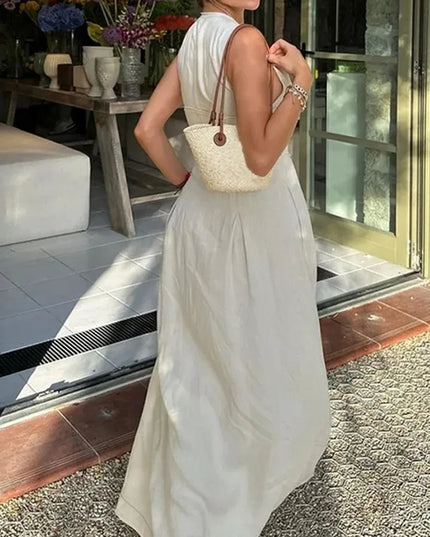 MUJER Zipper Long Dress Woman Pleated Sleeveless Bodycon Dress Summer Elegant Party Dresses For Women 2025 New Midi Dresses