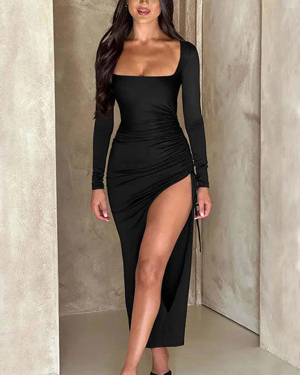 New Long Sleeve Ruched High Split Maxi Dress Women Square Collar Drawstring Bodycon Sexy Party Long Dress Elegant Autumn