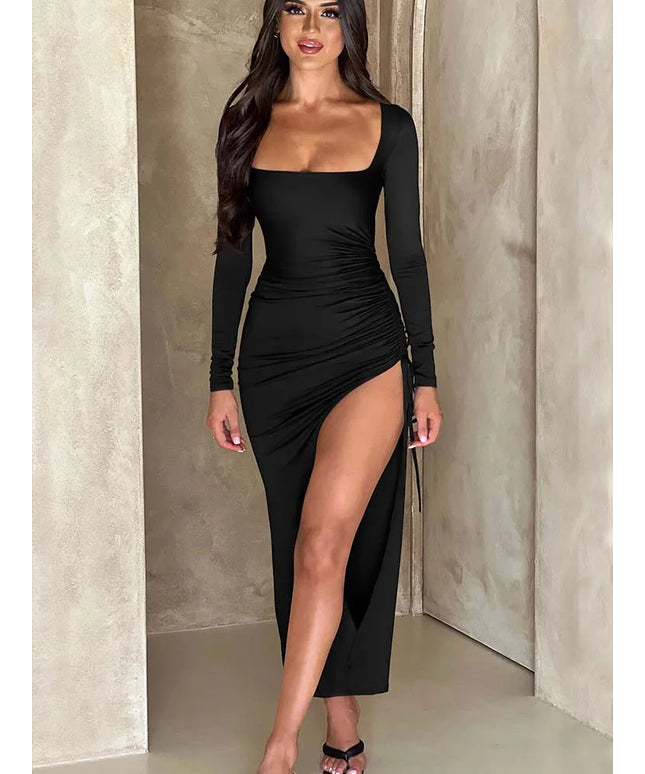 New Long Sleeve Ruched High Split Maxi Dress Women Square Collar Drawstring Bodycon Sexy Party Long Dress Elegant Autumn