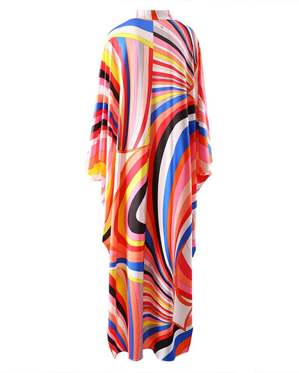 Elegant Loose Robe Dresses Autumn Women Colorful Striped Printing Fashion Batwing Sleeve Party Vacation Casual Vestidos