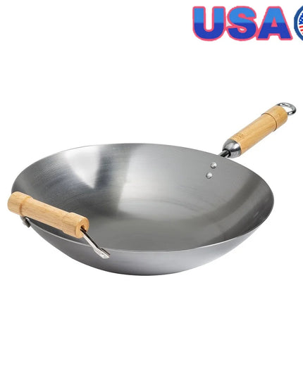14 Inch Round Bottom Carbon Steel Wok with Birch Handles Induction Safe Non Stick Traditional Asian Cooking Essential Hand Wash