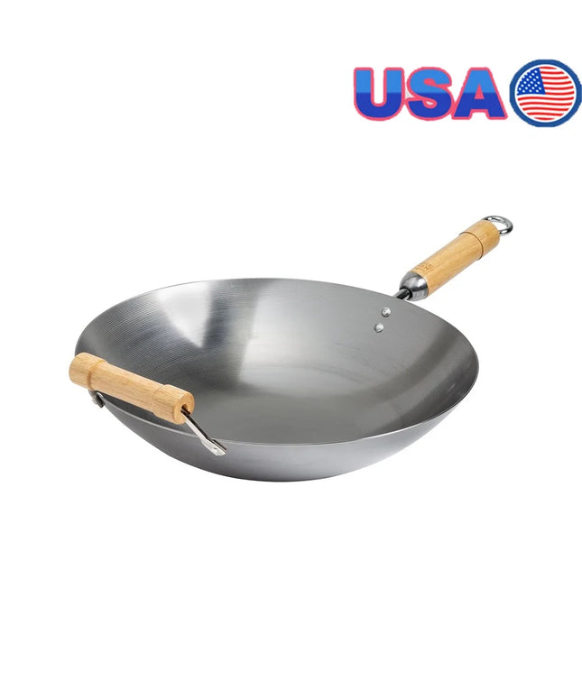 14 Inch Round Bottom Carbon Steel Wok with Birch Handles Induction Safe Non Stick Traditional Asian Cooking Essential Hand Wash