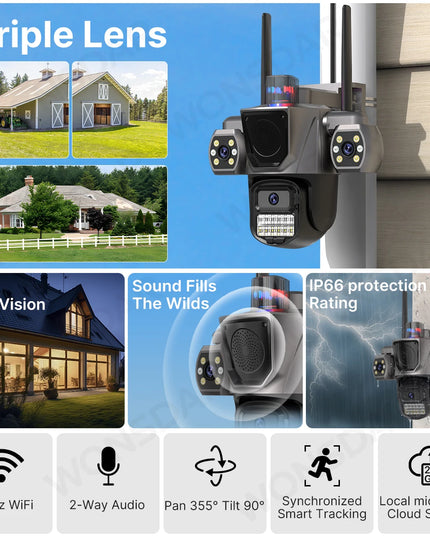 IP Camera Triple Lens Outdoor Sound Fills Speaker WiFi Camera AI Human Detection Auto Tracking PTZ HD Video Surveillance iCSee