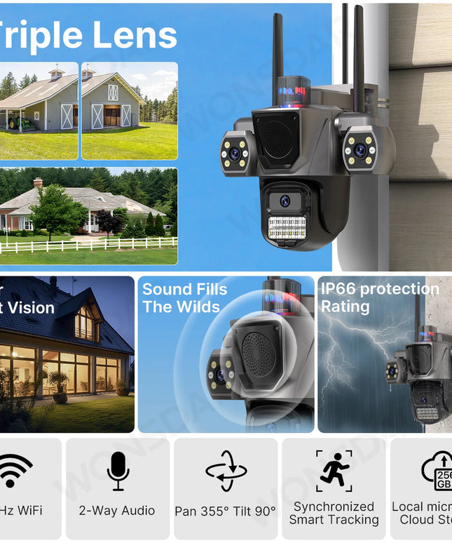 IP Camera Triple Lens Outdoor Sound Fills Speaker WiFi Camera AI Human Detection Auto Tracking PTZ HD Video Surveillance iCSee