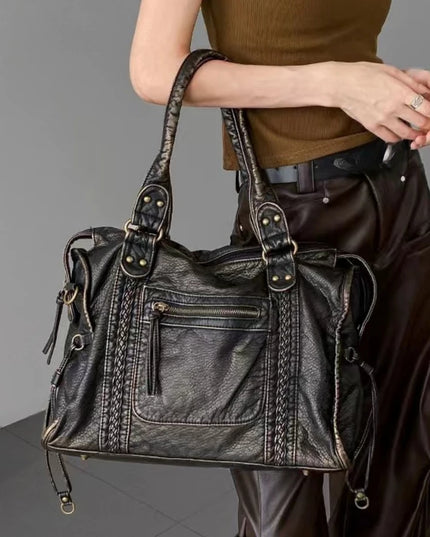 Y2K Spicy Girl One Shoulder Crossbody Bag Vintage Washed Leather Motorcycle Bag Large Capacity Bag