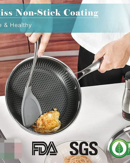 LMETJMA Stainless Steel Frying Pan Nonstick Honeycomb Fry Pan With Lid Induction Ceramic Electric Gas Cooktops Compatible KC0480