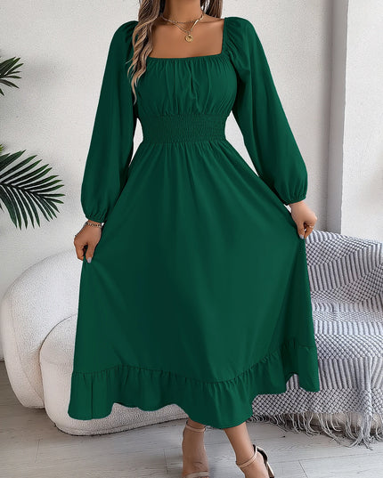 Spring Summer Elegant High Waist Square Neck Long Sleeve Ruffled Edge Long Dresses for Bridesmaids Red Blue Khaki Women Dresses