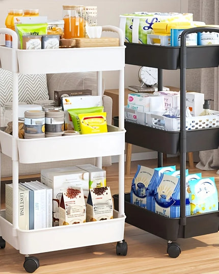 Versatile Multi-Tier Storage Cart - White Plastic, Perfect for Kitchen, Bathroom & Bedroom Organization