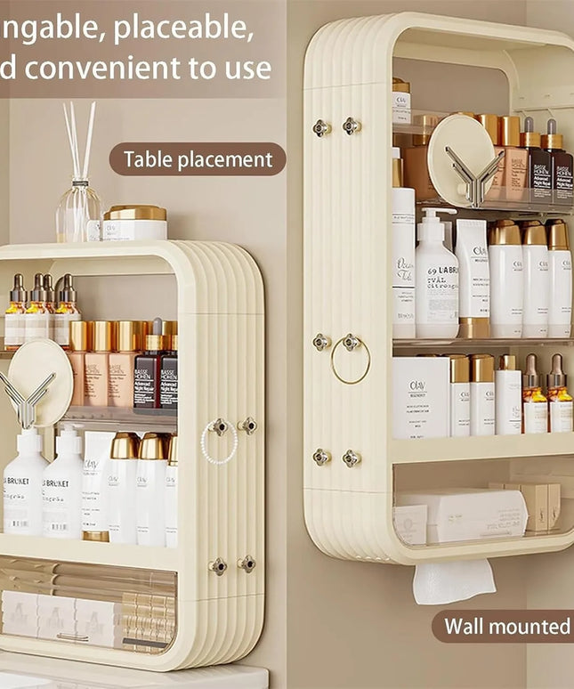 Wall Mount Makeup Organizer,Adhesive Shelf Bathroom Shelves for Wall, Perfume Organizers with Tissue Hole No Drilling Hang Walls