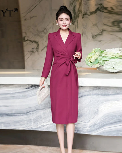ZJYT Elegant Ladies Notched Collar Long Sleeve Autumn Dresses for Women Lace Up Straight Office Work Wear Female Vestidos 2025