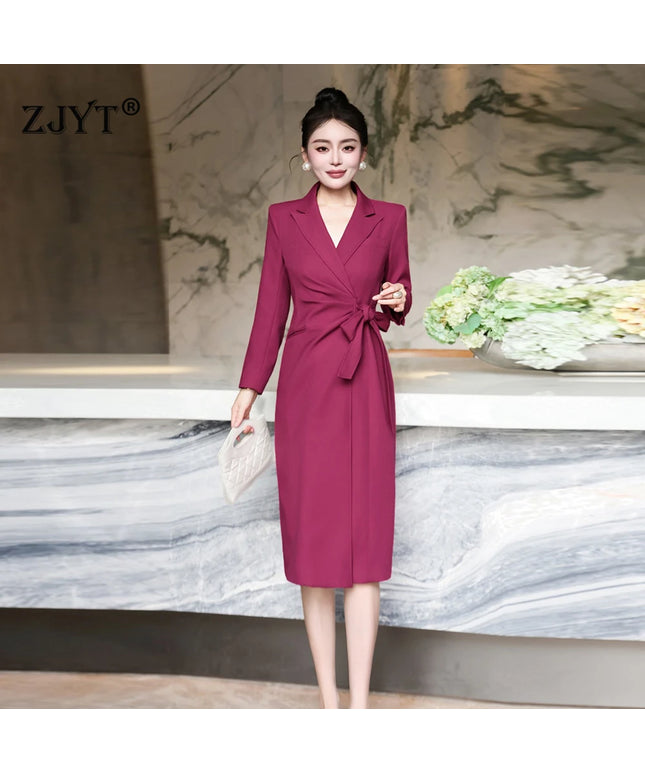 ZJYT Elegant Ladies Notched Collar Long Sleeve Autumn Dresses for Women Lace Up Straight Office Work Wear Female Vestidos 2025