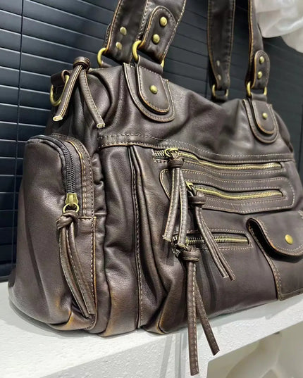 Y2K Hot Girl Single Shoulder Crossbody Bag Vintage Washed Leather Motorcycle Bag Large Capacity Multi Pocket Bag