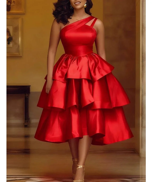 Women Elegant Shiny One Shoulder Ruffle Layered Christmas Party Dresses Date Out Birthday Wedding Guest Event Occasion Gowns New