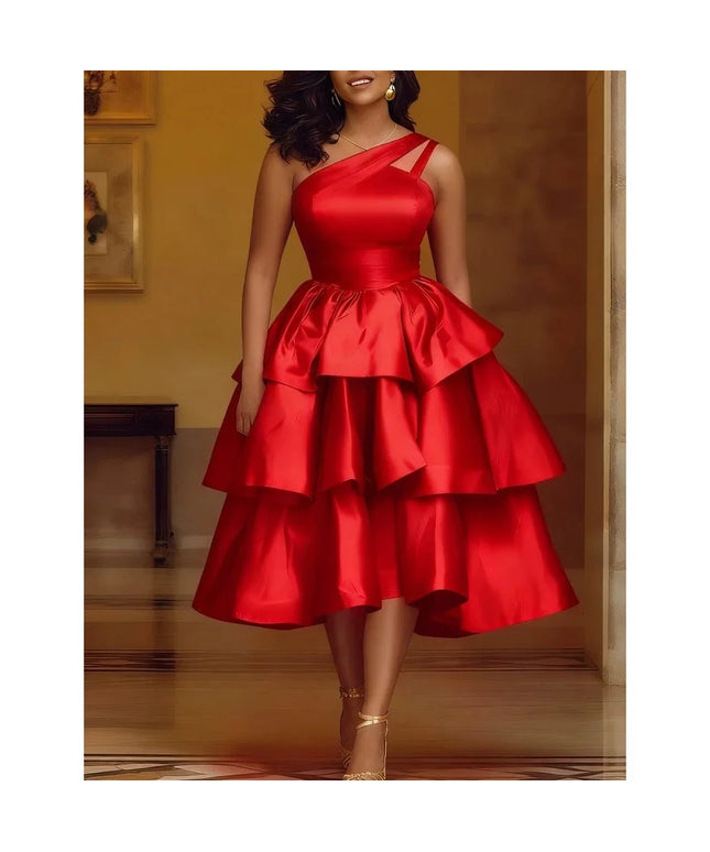Women Elegant Shiny One Shoulder Ruffle Layered Christmas Party Dresses Date Out Birthday Wedding Guest Event Occasion Gowns New