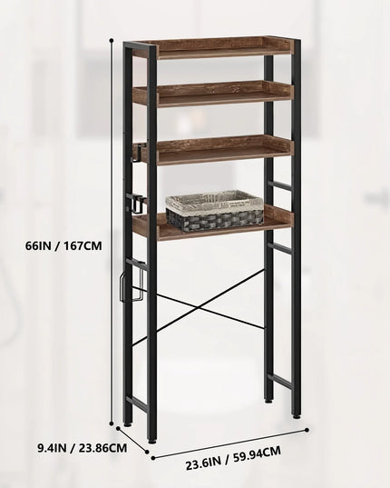 Over The Toilet Storage Rack 4-Tier Bathroom Organizer Freestanding Shelf Space Saver Toilet Stand Cabinet with 4 Hooks