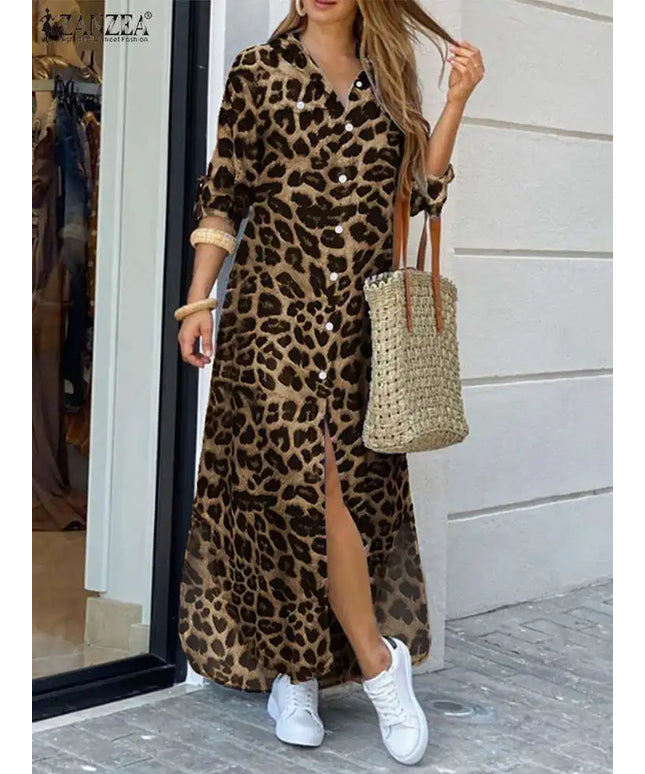 ZANZEA Party Vintage Leopard Robe Women 2025 Autumn Casual Long Sleeve Maxi Long Vestidos Dress Fashion Oversized Shirt Sundress