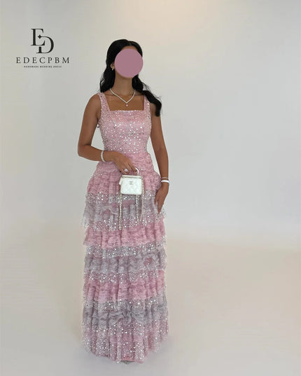 EDECPBM Pink Women Evening Dress Luxurious Evening Dresses 2025 Luxury Vestidos De Festa Sequins Multi-layer فساتين سهرة Prom