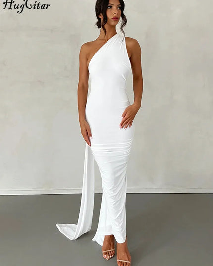 Hugcitar One Shoulder Backless Adjustable Scarf Loop Ruched Sexy Maxi Dress Women Elegant Y2K Streetwear Festival Outfit