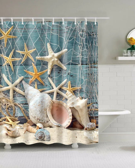 Seaside Scenic Beach Shells Shower Curtains Starfish Conch Blue Board Palm Trees Sunset Nature Scenery Bathroom Curtain Decor
