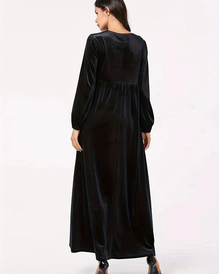 Plus size women's autumn and winter new solid color velvet slim long sleeve swing A-line skirt dress