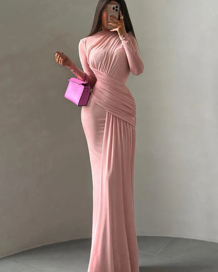 Nibber Folds Maxi Dress Women o-Neck Full Sleeve Solid Banquet Elegant Vacation Fashion Autumn Skinny Casual Simple Vestidos