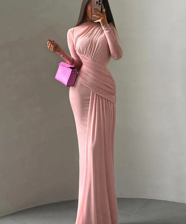 Nibber Folds Maxi Dress Women o-Neck Full Sleeve Solid Banquet Elegant Vacation Fashion Autumn Skinny Casual Simple Vestidos