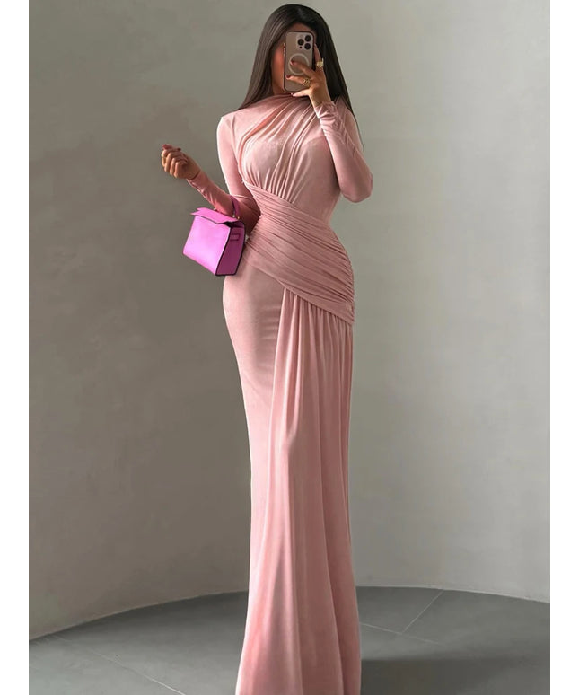 Nibber Folds Maxi Dress Women o-Neck Full Sleeve Solid Banquet Elegant Vacation Fashion Autumn Skinny Casual Simple Vestidos