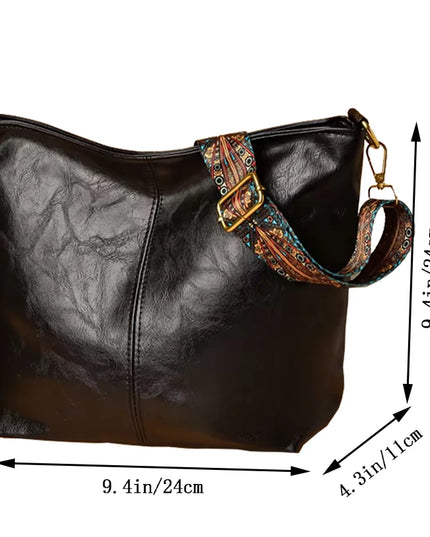 Neutral Style Men's and Women's Pu Tote Bag, Suitable for Travel and Photography, Single Shoulder Bag with Ethnic Style Strap