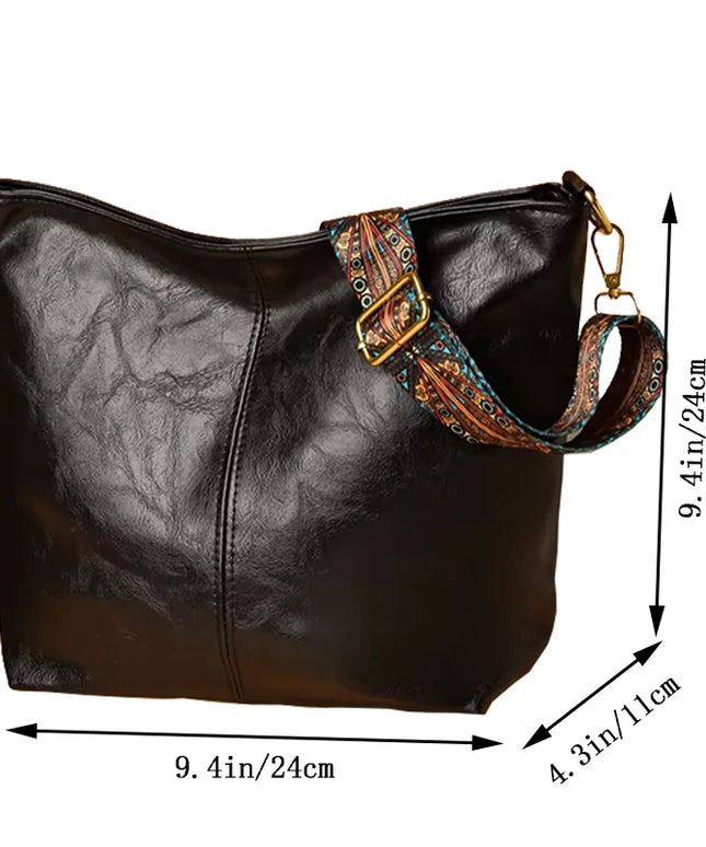 Neutral Style Men's and Women's Pu Tote Bag, Suitable for Travel and Photography, Single Shoulder Bag with Ethnic Style Strap