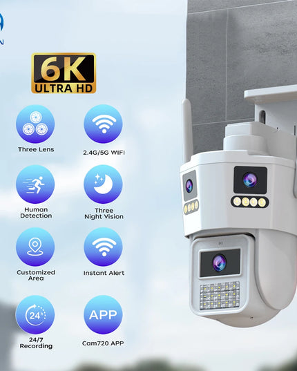 JOOAN 6K 12MP WiFi Outdoor Camera Three Len AI Motion Tracking PTZ  Video Camera Security Protection Waterproof Surveillance