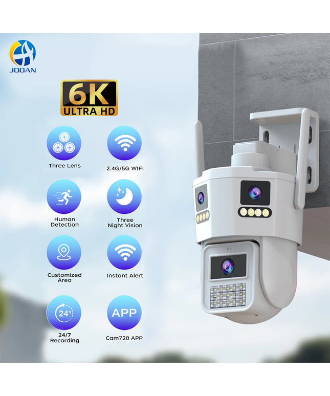 JOOAN 6K 12MP WiFi Outdoor Camera Three Len AI Motion Tracking PTZ  Video Camera Security Protection Waterproof Surveillance