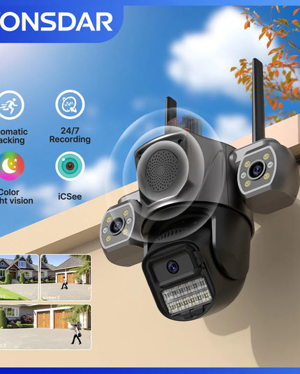 IP Camera Triple Lens Outdoor Sound Fills Speaker WiFi Camera AI Human Detection Auto Tracking PTZ HD Video Surveillance iCSee