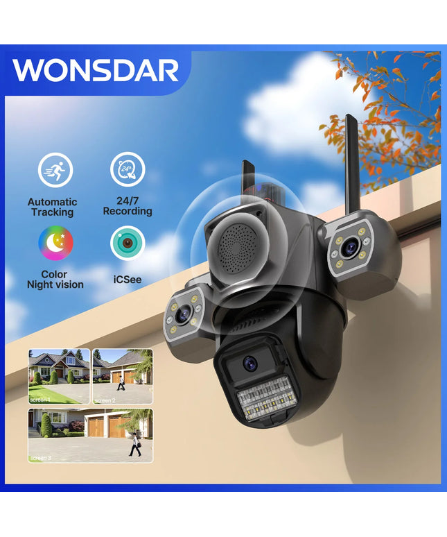 IP Camera Triple Lens Outdoor Sound Fills Speaker WiFi Camera AI Human Detection Auto Tracking PTZ HD Video Surveillance iCSee