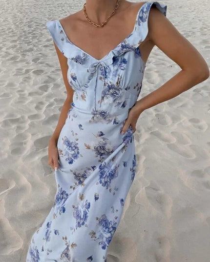 Summer Flower Printed Women's Sexy Low-cut Dress Sleeveless Backless Slim Sling Dresses 2025 Beach Vacation Lady Vestidos