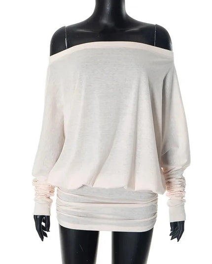 Newly designed niche shoulder long sleeved T-shirt daily high street chiffon women irregular and unique sexy slanted shoulder