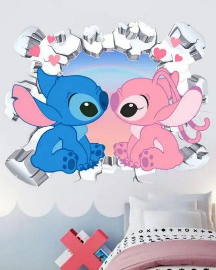 3D Broken Wall Lilo & Stitch Wall Stickers For Kid's Room Kindergarten Living Room Bedroom Wall Decoration Animated Poster