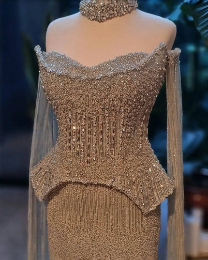 Sharon Said Luxury Grey Crystal Evening Dress with Cape Sleeves 2025 Elegant Off-Shoulder Weddin Party Gown SS558 Customized