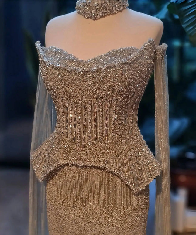 Sharon Said Luxury Grey Crystal Evening Dress with Cape Sleeves 2025 Elegant Off-Shoulder Weddin Party Gown SS558 Customized
