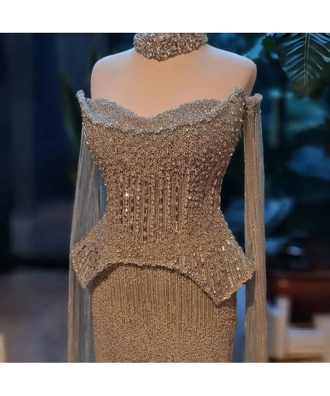 Sharon Said Luxury Grey Crystal Evening Dress with Cape Sleeves 2025 Elegant Off-Shoulder Weddin Party Gown SS558 Customized