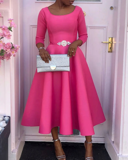 Elegant Party Dress for Woman 2024 Modern O Neck Three Quarter Sleeve High Waisted A Line Mid Calf Birthday Dinner Wedding Cloth